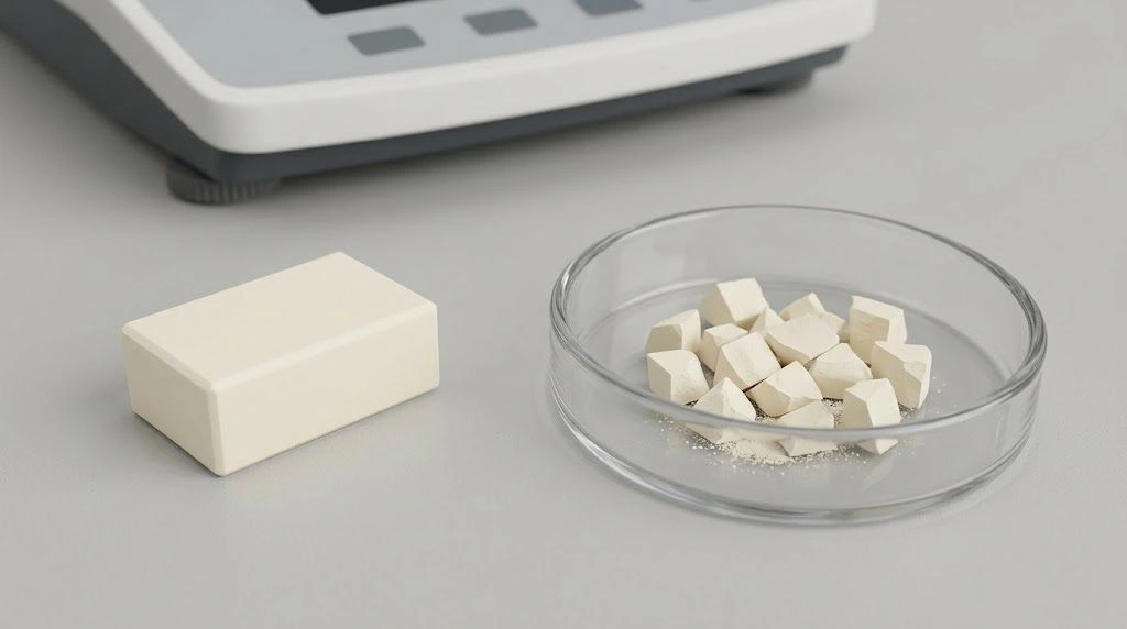 Intact ceramic coupon beside prepared fragments illustrating density specimen-state differences