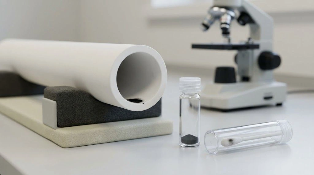 Cooled alumina tube with contained residue samples prepared for inspection