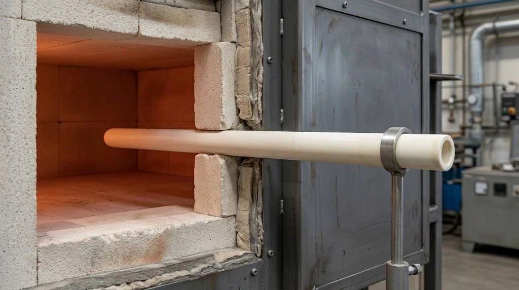 Ceramic thermocouple protection tube installed through an industrial furnace wall