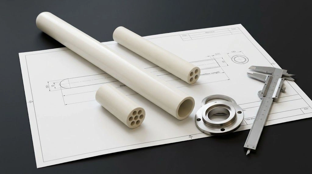 Ceramic protection tubes reviewed against a dimensional drawing for a custom RFQ