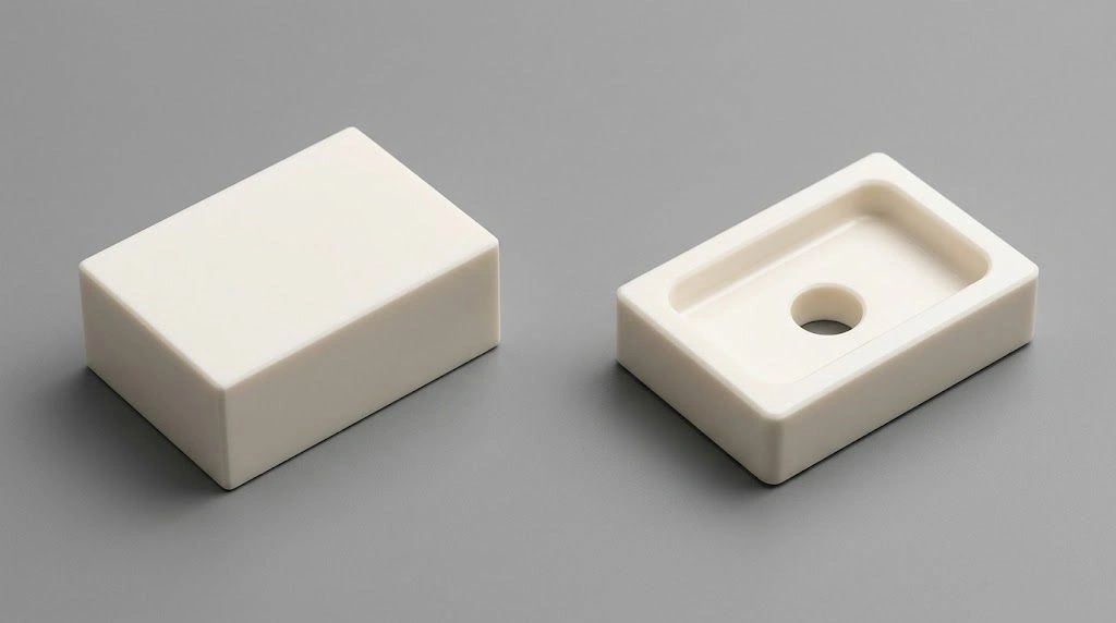 Ceramic stock blank beside a shaped component