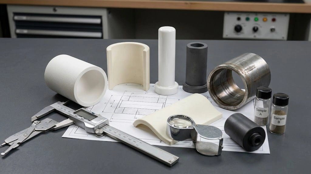 Custom ceramic wear parts reviewed with a worn metal component, drawing and inspection tools