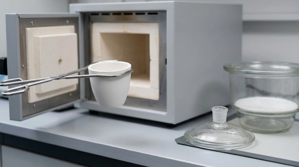 Laboratory crucible transferred with clean tongs from a muffle furnace to a desiccator