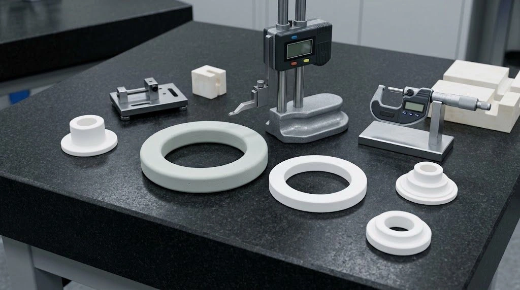 Green ceramic blanks and sintered precision parts undergoing dimensional inspection