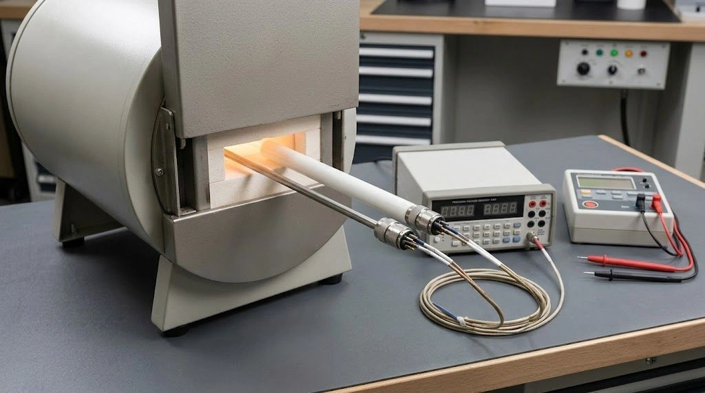 Suspect and reference thermocouples positioned for a controlled comparison in a calibration furnace