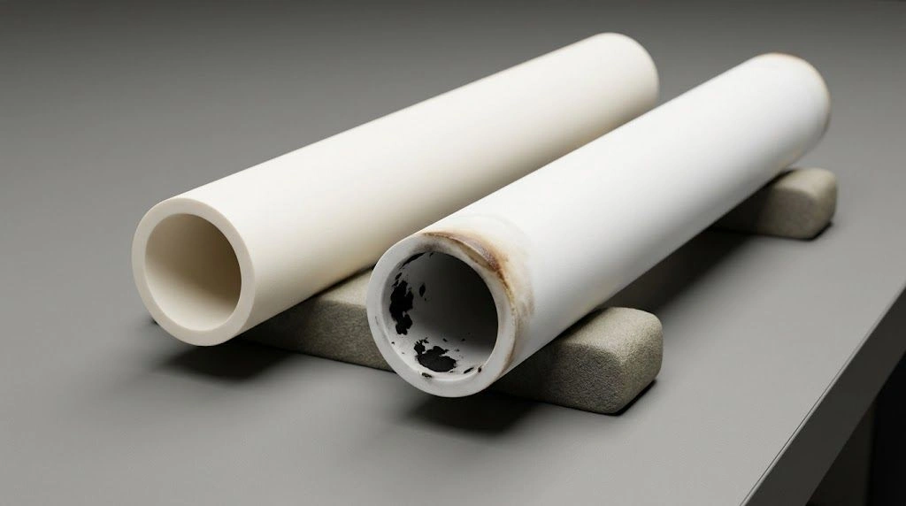 Unused white alumina furnace tube beside a used tube with visible black bore deposits