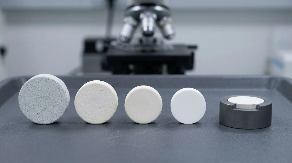 Ceramic test pellets representing green initial intermediate and final sintering conditions