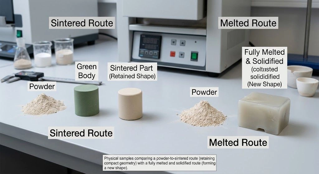 Physical samples comparing a powder-to-sintered route with a fully melted and solidified route