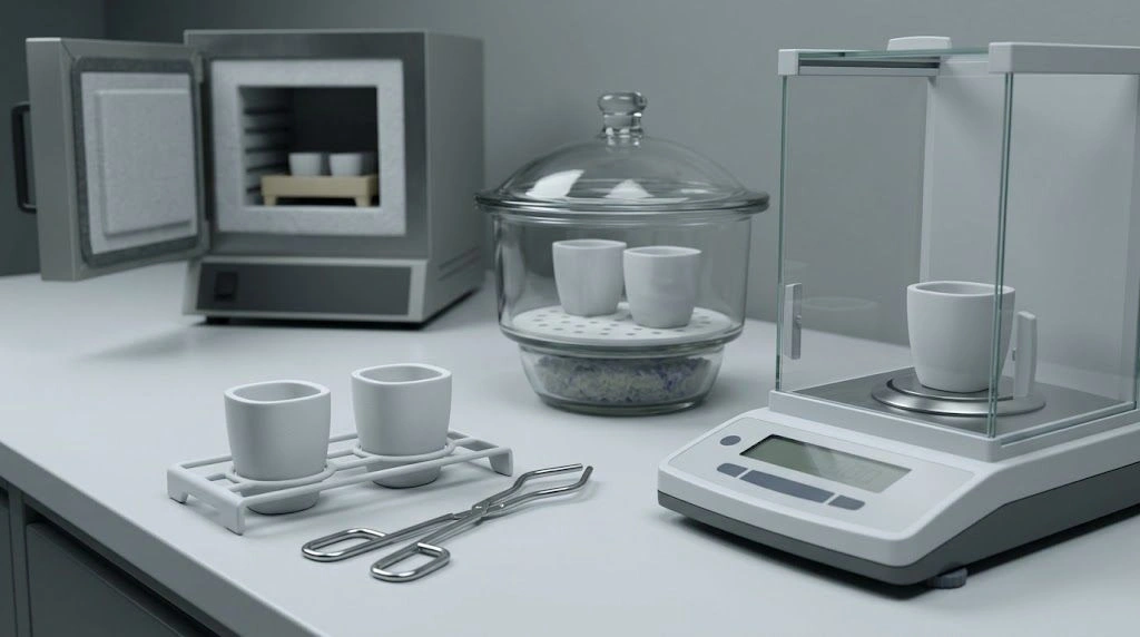 Alumina crucibles undergoing staged blank testing with furnace, desiccator and analytical balance