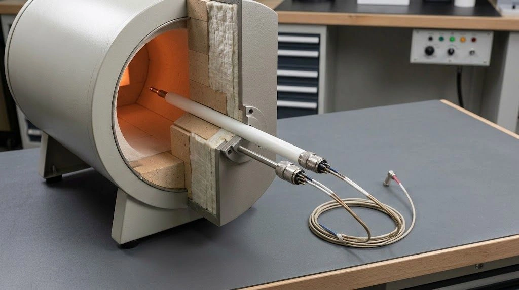 Ceramic-protected thermocouple passing through an insulated furnace wall toward the hot zone