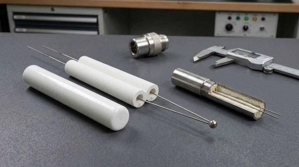 Thermocouple construction examples with twin-bore ceramic insulation, protection tube and a separate MI probe section