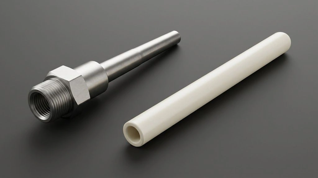 Solid-machined metal thermowell and ceramic thermocouple protection tube shown side by side