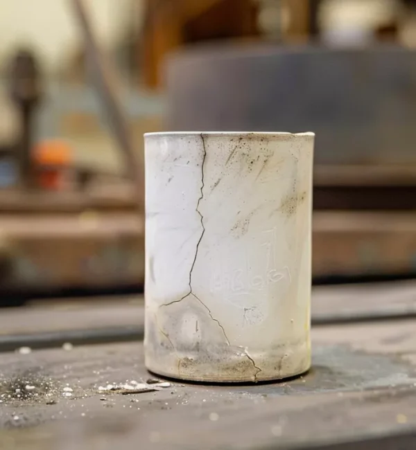 Alumina ceramic crucible showing slag infiltration damage in metallurgy