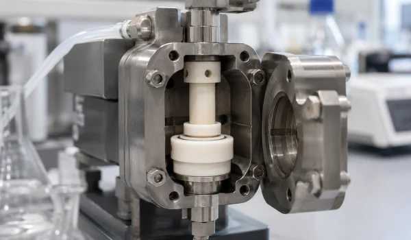 Alumina ceramic plunger and seal ring installed in a laboratory metering pump
