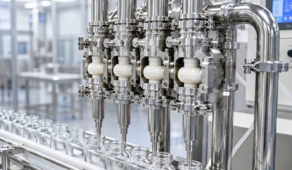 Alumina ceramic valve components in a hygienic stainless steel liquid filling head