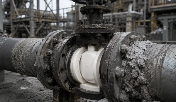 Alumina ceramic valve disc and seat in an abrasive slurry pipeline at a mineral processing plant
