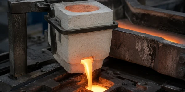 Aluminum silicate ceramic pouring cup guiding molten aluminum in a casting line