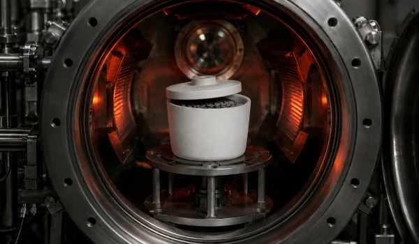 Boron nitride crucible processing reactive metal inside a vacuum furnace chamber