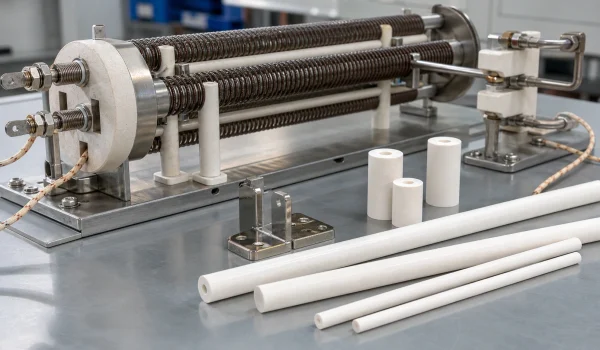 Ceramic rods used as electrical insulating supports in heater and sensor assemblies