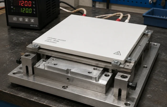 Ceramic heating plate in an industrial heated fixture