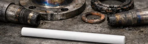 Ceramic rod beside worn components indicating combined operating stresses