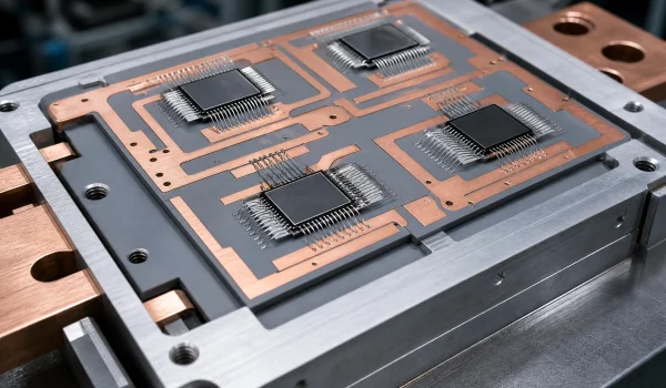 DBC ceramic substrate carrying power semiconductor dies inside an industrial power module