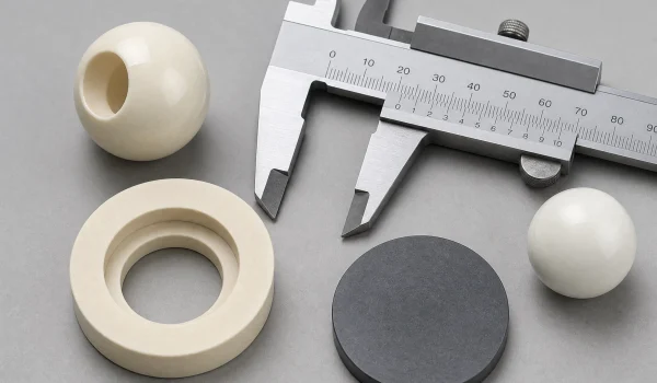 Ceramic valve components — ball, seat, and disc — at OEM inspection.