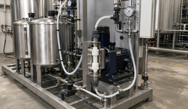 Chemical dosing system with ceramic pump wet-end parts for pH control