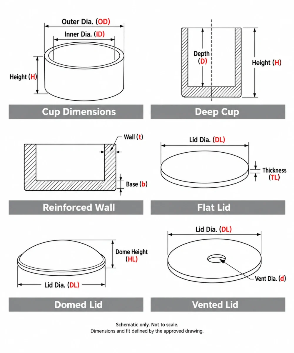 Dimension diagrams of DSC alumina crucibles and flat, domed and vented lids, showing cup diameter, height, depth, wall thickness and lid dimensions.