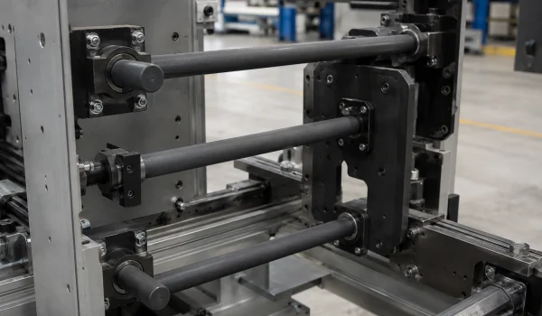 Dark grey silicon carbide ceramic rods installed as shafts and support bars in a mechanical assembly