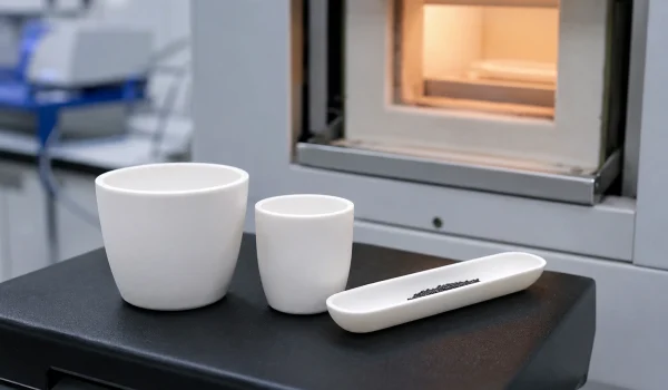 High purity alumina ceramic crucibles and boats for thermal analysis and laboratory testing.