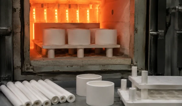 High purity alumina ceramic tubes, crucibles and setters in a high-temperature furnace.