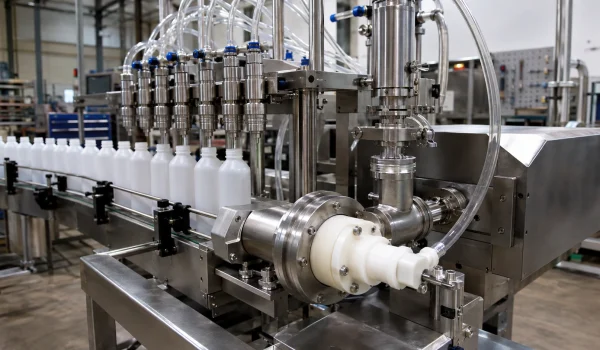 Industrial liquid filling equipment with ceramic piston pump wet-end module