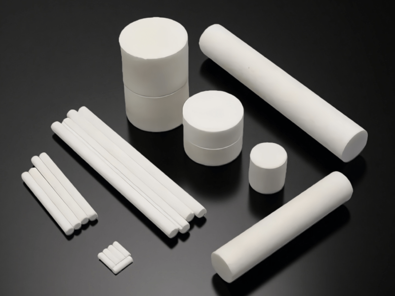 close-up of machinable glass ceramic rod with chamfered ends and smooth machined surface