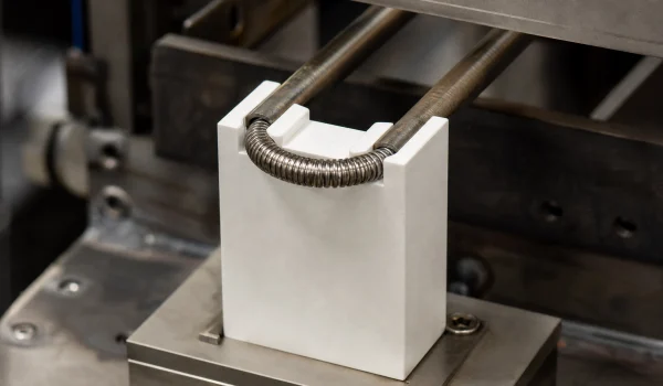 Machinable glass ceramic insulating support holding a heater coil in an industrial heating fixture (2)