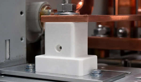 Machinable glass ceramic standoff insulator supporting a bus bar in a high-voltage assembly