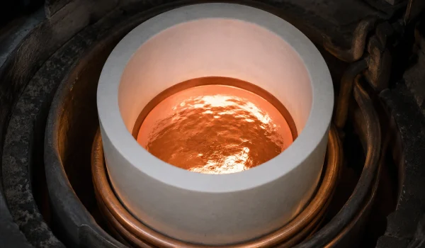 Molten metal held in a non-wetting boron nitride crucible inside an induction melting furnace