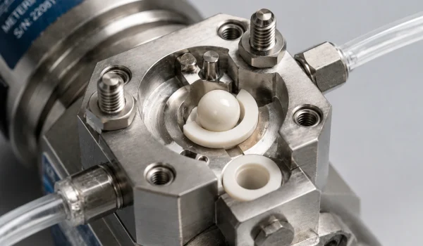 Polished alumina ceramic valve ball and seat fitted in a precision metering pump head