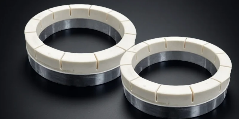 A collection of white, high-purity alumina ceramic retaining rings for precision grinding machines.
