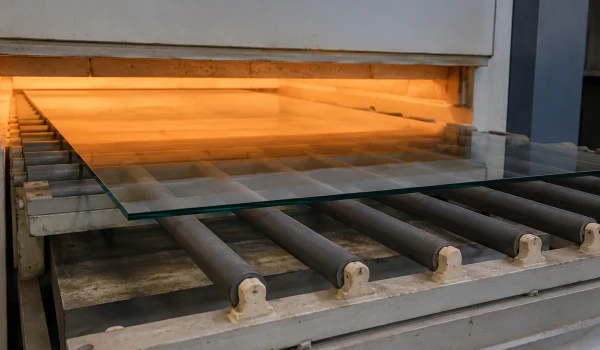 Silicon carbide ceramic rods supporting a glass sheet in a tempering furnace line