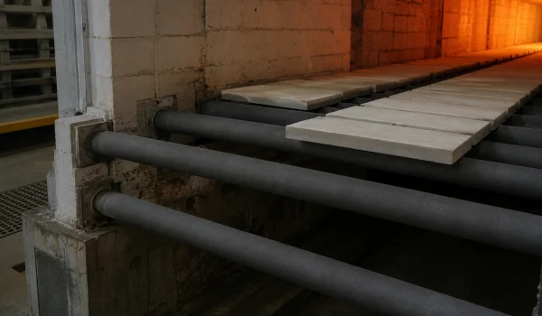 Silicon carbide ceramic rollers conveying products inside a high-temperature roller kiln