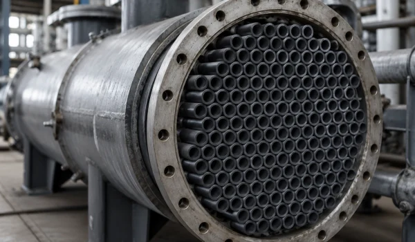 Silicon carbide heat-exchanger tube bundle at the tube sheet of a shell-and-tube unit.