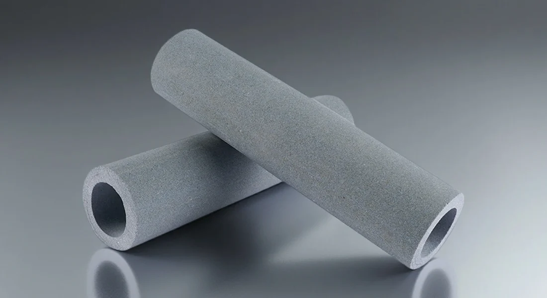 Silicon carbide membrane tube cutaway with visible porous structure