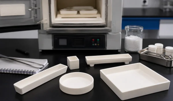 Small white alumina tray with samples at a laboratory furnace