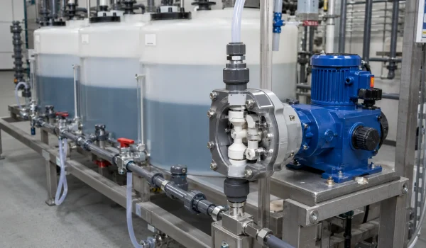 Surface finishing chemical feed line with ceramic pump valve-seat component