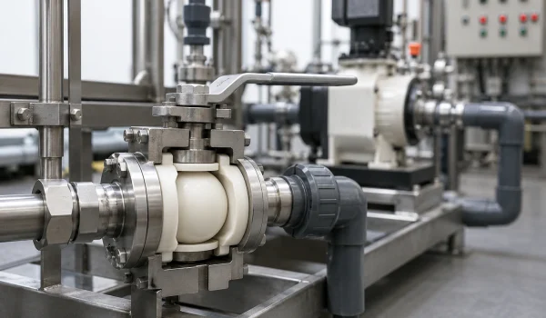White alumina ceramic ball valve installed in a chemical acid dosing line with stainless steel pipework
