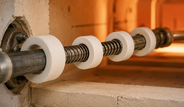 White alumina insulating rings on a heating element inside a furnace