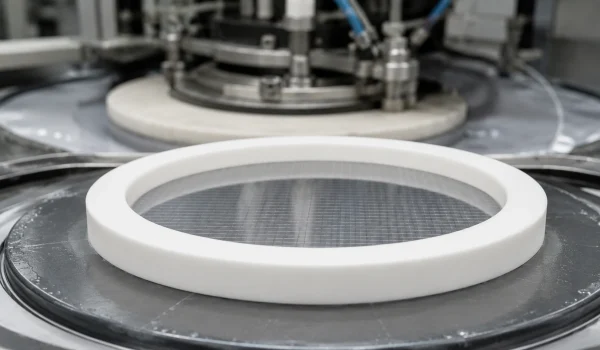 White alumina retaining ring holding a silicon wafer on CMP equipment