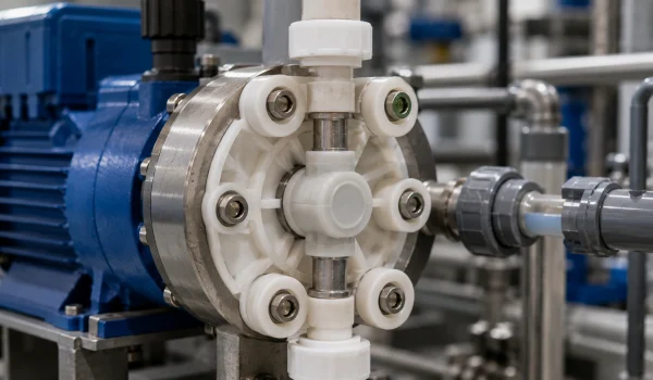 White alumina sealing rings in a chemical pump handling fluid