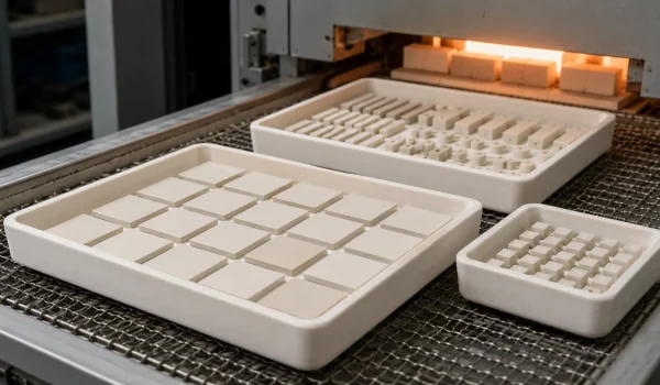 White alumina setter tray holding ceramic green bodies and substrates